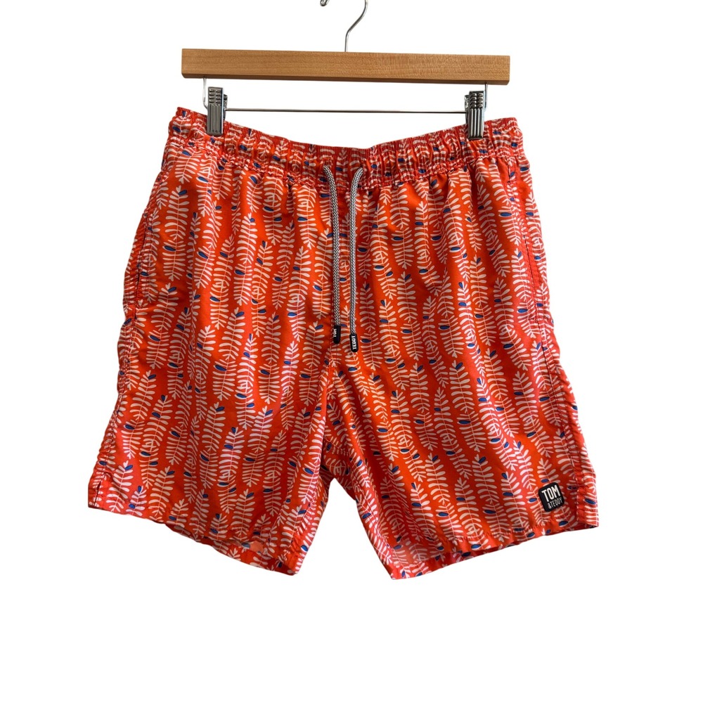 Tom & Teddy Mens Orange Leaf Print Swim Trunks Size Large Elastic Waist Shorts
